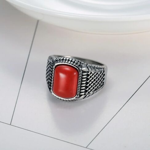 Vintage Polished Red Coral Gem Men's for Rings Titanium Steel Jewelry Size 7-15 in Saudi Arabia