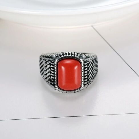 Vintage Polished Red Coral Gem Men's for Rings Titanium Steel Jewelry Size 7-15 in Saudi Arabia