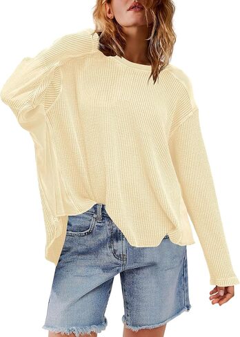 Yanekop Womens Waffle Knit Tops Long Sleeve Tunic Top Oversized T Shirts Crewneck Casual Pullover Fall Outfits 2025 in Kuwait