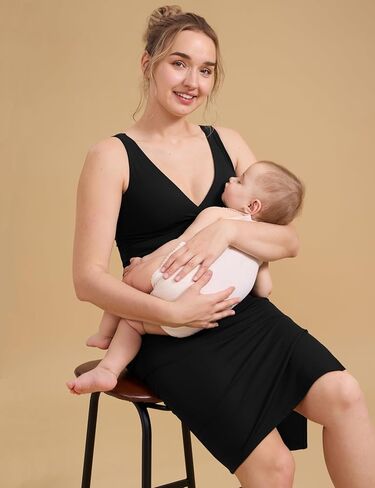 CRZ YOGA Butterluxe Maternity V Neck Nursing Midi Dress - Slit Sleeveless Casual Pregnancy Womens Bodycon Built in Bra Outfit in Saudi Arabia