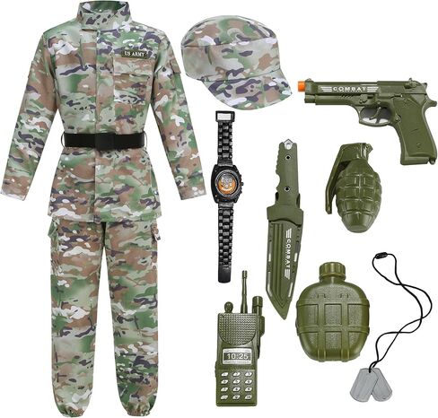 GRAJTCIN Kids Army Costume Long sleeve Halloween Party Military Soldier Dress Up Boys Costume for 4-14Y 11 PCS in Saudi Arabia