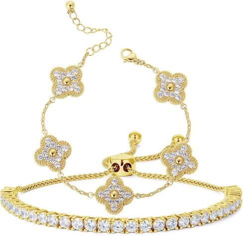 18K Gold Plated Four Leaf Clover & 3mm Tennis Bracelet Set for Women, Adjustable CZ Micro Pavé Stacking Bracelets, Gift-Ready Lucky Charm Jewelry in Saudi Arabia