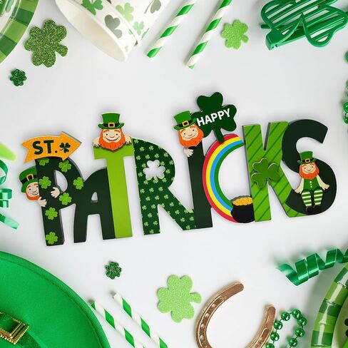 Happy St. Patrick's Day Wooden Screen Sign Decor Hinged Green Wood Shamrocks Leprechauns Rainbow for Home Tabletop Tiered Tray Centerpiece Decorations in Saudi Arabia