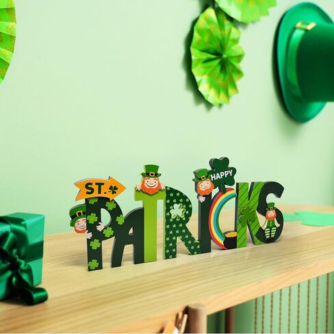 Happy St. Patrick's Day Wooden Screen Sign Decor Hinged Green Wood Shamrocks Leprechauns Rainbow for Home Tabletop Tiered Tray Centerpiece Decorations in Saudi Arabia