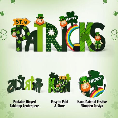 Happy St. Patrick's Day Wooden Screen Sign Decor Hinged Green Wood Shamrocks Leprechauns Rainbow for Home Tabletop Tiered Tray Centerpiece Decorations in Saudi Arabia