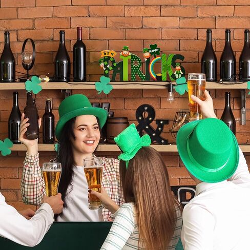 Happy St. Patrick's Day Wooden Screen Sign Decor Hinged Green Wood Shamrocks Leprechauns Rainbow for Home Tabletop Tiered Tray Centerpiece Decorations in Saudi Arabia