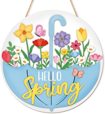 Spring Decoration Wood Door Wall Signs, Wooden Wreaths Front Door Welcome Sign Umbrella Flower Sign Ornaments Door Hanger Crafts for Spring Home Farmhouse Party Porch Wall Decor in Saudi Arabia