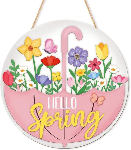 Spring Decoration Wood Door Wall Signs, Wooden Wreaths Front Door Welcome Sign Umbrella Flower Sign Ornaments Door Hanger Crafts for Spring Home Farmhouse Party Porch Wall Decor in Saudi Arabia