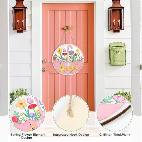 Spring Decoration Wood Door Wall Signs, Wooden Wreaths Front Door Welcome Sign Umbrella Flower Sign Ornaments Door Hanger Crafts for Spring Home Farmhouse Party Porch Wall Decor in Saudi Arabia