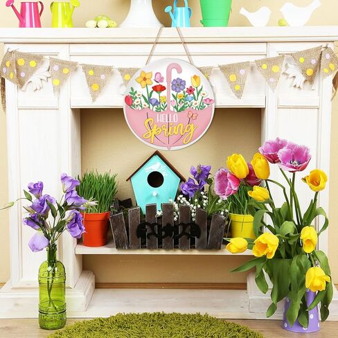 Spring Decoration Wood Door Wall Signs, Wooden Wreaths Front Door Welcome Sign Umbrella Flower Sign Ornaments Door Hanger Crafts for Spring Home Farmhouse Party Porch Wall Decor in Saudi Arabia