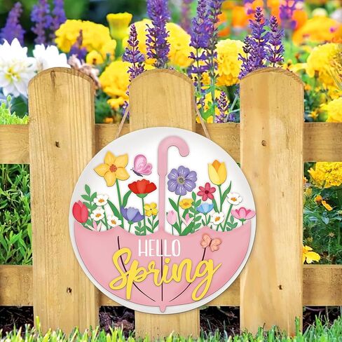 Spring Decoration Wood Door Wall Signs, Wooden Wreaths Front Door Welcome Sign Umbrella Flower Sign Ornaments Door Hanger Crafts for Spring Home Farmhouse Party Porch Wall Decor in Saudi Arabia
