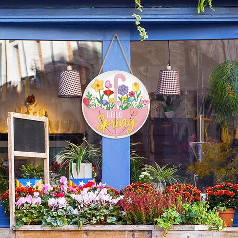Spring Decoration Wood Door Wall Signs, Wooden Wreaths Front Door Welcome Sign Umbrella Flower Sign Ornaments Door Hanger Crafts for Spring Home Farmhouse Party Porch Wall Decor in Saudi Arabia