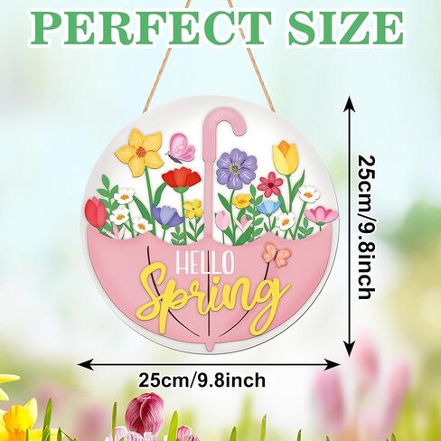 Spring Decoration Wood Door Wall Signs, Wooden Wreaths Front Door Welcome Sign Umbrella Flower Sign Ornaments Door Hanger Crafts for Spring Home Farmhouse Party Porch Wall Decor in Saudi Arabia