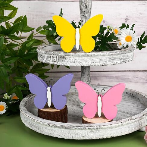 3Pcs Spring Butterfly Decorations for Home, Rustic Wooden Butterfly Decorative Accessories Spring Table Centerpiece Tiered Tray Decor in Saudi Arabia