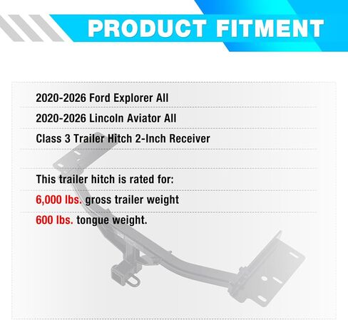 وصلة مقطورة من الفئة 3 مقاس 2 بوصة مناسبة لسيارات 2020-2024 Ford Explorer ALL/2020-2024 Lincoln Aviator All in Kuwait