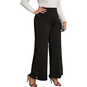 Women's Plus Size Rhinestone Mesh Patchwork Flare Pants High Waisted Wide Leg Elegant Trousers in Kuwait