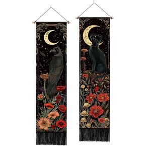 حزمة ARTCREATOR مكونة من قطعتين من ديكور الحائط القوطي ديكور أكاديمي داكن غريب الأطوار، نسيج غراب القط الأسود الغامض القمر الساحر لغرفة النوم وغرفة الفن الجمالي (12.8 × 51.2 بوصة) in Kuwait