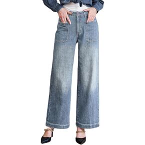 جينز نسائي عالي الخصر فضفاض قابل للتمدد واسع الساق للتحكم في البطن سروال دينم مستقيم الساق 2025 جينز عصري للنساء in Kuwait