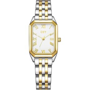Gifts for Women-Gold Watches for Women with Vintage Rectangular Case White Roman Dial Two-Tone Watches for Women with 3ATM Water Resistance Adjustment Tool Included in Kuwait