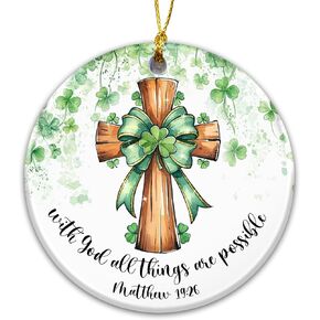Irish Shamrock Cross Ornament – “with God All Things are Possible" Matthew 19:26, St. Patrick’s Day Christian Faith Hanging Decoration, Religious Green Clover Ornament in Saudi Arabia