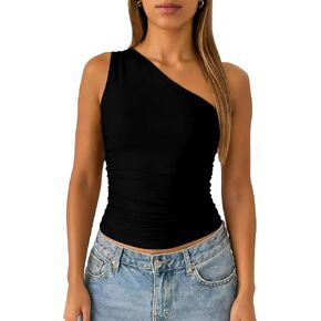 ForeFair Women One Shoulder Going Out Tank Top Double Lined Ruched Sleeveless Y2k Cute Summer Top in Saudi Arabia