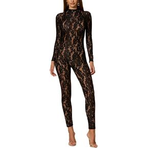 بذلة نسائية مثيرة من الدانتيل شفافة بأكمام طويلة وقابلة للتمدد ومفرغة من قطعة واحدة ملابس الحفلات in Kuwait