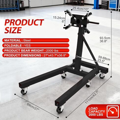 حامل محرك قابل للطي عالي التحمل بسعة 2000 رطل، رأس دوار 360 درجة وأذرع قابلة للتعديل لإصلاح السيارات، صيانة المركبات، 6 عجلات عالمية، أسود in Kuwait