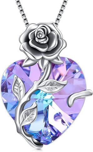 OCJ Birthstone Necklace for Women 925 Sterling Silver Rose Flower Heart Birthstones Pendant Necklace Fine Jewelry Anniversary Mothers Day Birthday Gifts for Women Her Wife Girlfriend Mom in Saudi Arabia