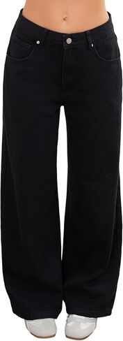 Adjustable Waist Straight Leg Jeans for Women Y2K Baggy Jeans with Snap-Button Mid Low Rise Denim Pants in Saudi Arabia