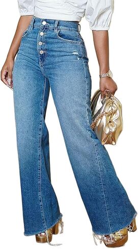 Flamingals Womens Straight Leg High Waist Casual Ripped Button Fly Wash Raw Hem Denim Jeans in Saudi Arabia