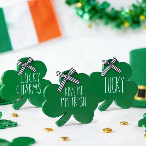3 قطع لافتات خشبية لطاولة عيد القديس باتريك، علامة أيرلندية ذات طابع شامروك سانت باتريك من الخشب لتزيين الطاولة، كتل شامروك خضراء، لافتة سحرية محظوظة لحفلات ديكور المنزل في المزرعة in Kuwait
