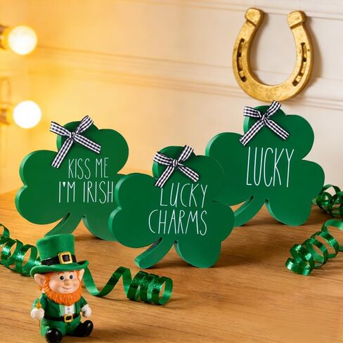 3 قطع لافتات خشبية لطاولة عيد القديس باتريك، علامة أيرلندية ذات طابع شامروك سانت باتريك من الخشب لتزيين الطاولة، كتل شامروك خضراء، لافتة سحرية محظوظة لحفلات ديكور المنزل في المزرعة in Kuwait
