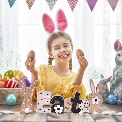 Easter Decoration Sign Blocks, 2-PCs Wooden Easter Bunny Tabletop Decor, Rustic Spring Easter Wooden Table Signs, Festive Farmhouse Decorative Wood Block Set for Home Office Indoor (Bunny in Saudi Arabia