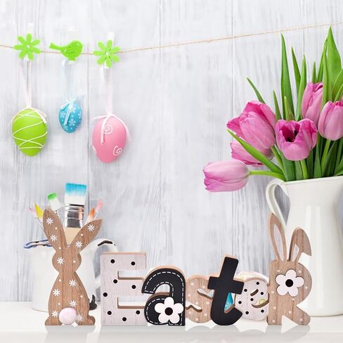 Easter Decoration Sign Blocks, 2-PCs Wooden Easter Bunny Tabletop Decor, Rustic Spring Easter Wooden Table Signs, Festive Farmhouse Decorative Wood Block Set for Home Office Indoor (Bunny in Saudi Arabia