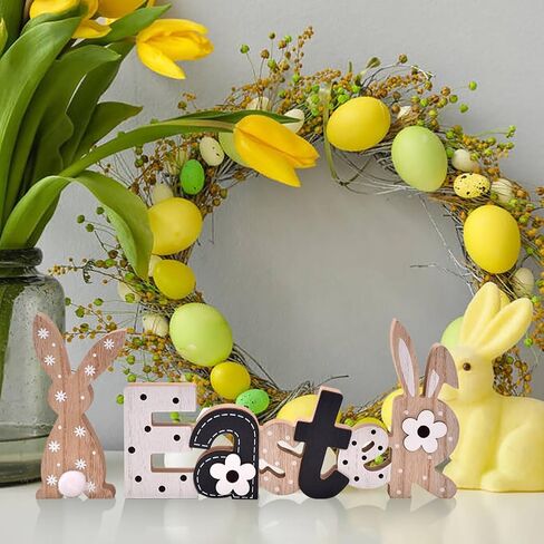 Easter Decoration Sign Blocks, 2-PCs Wooden Easter Bunny Tabletop Decor, Rustic Spring Easter Wooden Table Signs, Festive Farmhouse Decorative Wood Block Set for Home Office Indoor (Bunny in Saudi Arabia