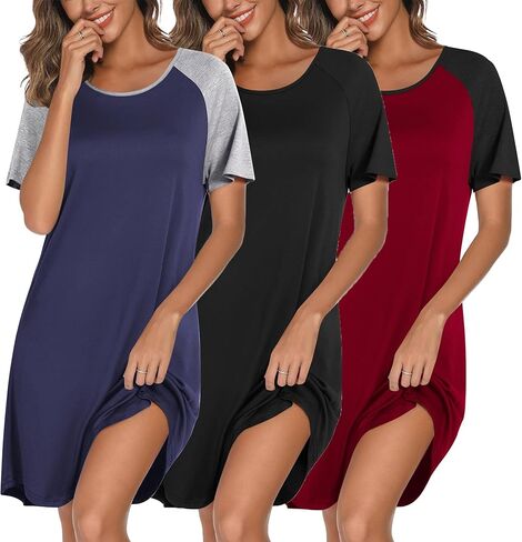 Ekouaer Nightgowns for Women Cotton Night Gown 3 Pack Sleep Shirts Short Sleeve Nightshirt Soft Sleepwear Nightdress Black/Navy Blue/All Grey Large in Saudi Arabia