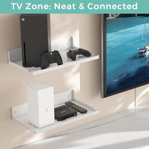 Router Shelf Wall Mount Foldable - 14-inch Floating Metal Shelf w/Cable Hole & Heat Vents - Fold Up Space-Saving Holder for Modem Router/WiFi Fit/Mesh Device & TV Boxes (14" W×8" D, White) in Saudi Arabia