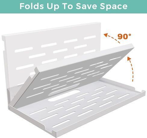 Router Shelf Wall Mount Foldable - 14-inch Floating Metal Shelf w/Cable Hole & Heat Vents - Fold Up Space-Saving Holder for Modem Router/WiFi Fit/Mesh Device & TV Boxes (14" W×8" D, White) in Saudi Arabia