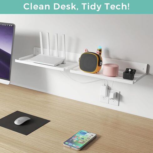 Router Shelf Wall Mount Foldable - 14-inch Floating Metal Shelf w/Cable Hole & Heat Vents - Fold Up Space-Saving Holder for Modem Router/WiFi Fit/Mesh Device & TV Boxes (14" W×8" D, White) in Saudi Arabia
