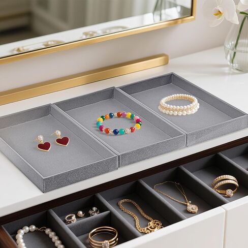 8 Pcs Velvet Jewelry Tray Stackable Jewelry Drawer Organizer Trays 8.3 x 4.7 x 1 Inches Empty Small Jewlery Display Trays for Necklace Bracelet Earring Ring, Beige in Saudi Arabia