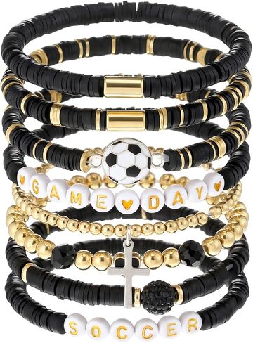 Landical 8 Pcs Soccer Game Day Bracelets Heishi Clay Beaded Stretch Bracelets Soccer Mom Accessories Jewelry Gifts in Saudi Arabia