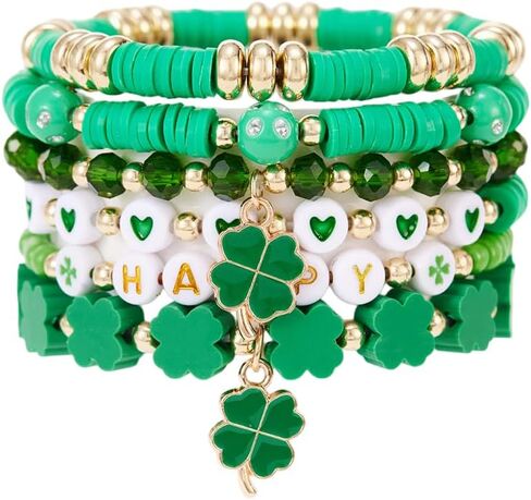 COLORFUL BLING St. Patrick's Day Polymer Clay Bracelets Lucky Shamrock Clover Elastic Stackable Stretch Bracelets in Saudi Arabia