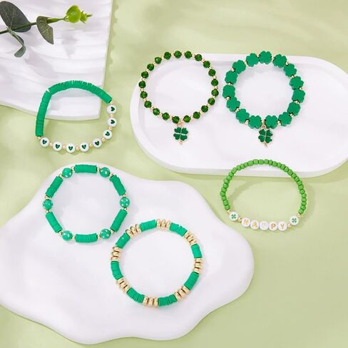 COLORFUL BLING St. Patrick's Day Polymer Clay Bracelets Lucky Shamrock Clover Elastic Stackable Stretch Bracelets in Saudi Arabia