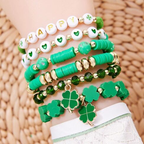 COLORFUL BLING St. Patrick's Day Polymer Clay Bracelets Lucky Shamrock Clover Elastic Stackable Stretch Bracelets in Saudi Arabia