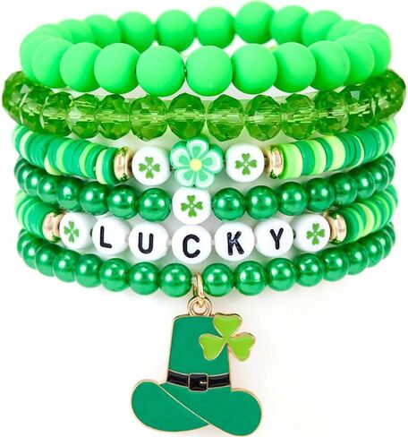 COLORFUL BLING St. Patrick's Day Polymer Clay Bracelets Lucky Shamrock Clover Elastic Stackable Stretch Bracelets in Saudi Arabia