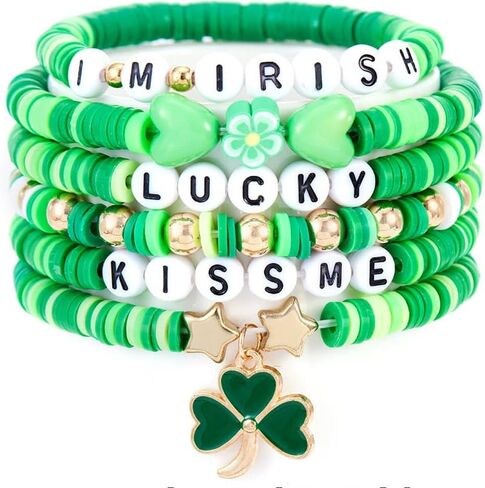 COLORFUL BLING St. Patrick's Day Polymer Clay Bracelets Lucky Shamrock Clover Elastic Stackable Stretch Bracelets in Saudi Arabia