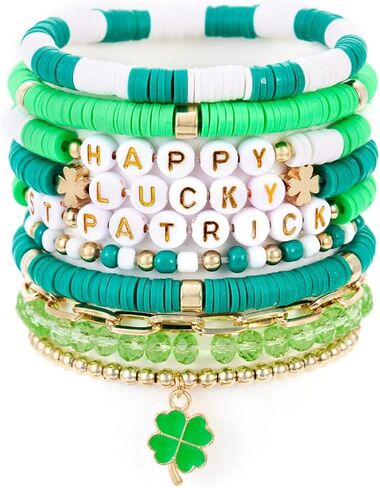 COLORFUL BLING St. Patrick's Day Polymer Clay Bracelets Lucky Shamrock Clover Elastic Stackable Stretch Bracelets in Saudi Arabia