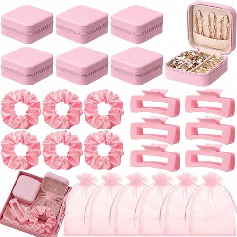 Cunno 24 Pcs Spa Party Favors Sleepover Party Supplies Include Jewelry Boxes Case Hair Clips Satin Scrunchies Organza Bags for Women Bridesmaid Gifts Bridal Shower Ladies Weekend Theme Parties(Pink) in Saudi Arabia