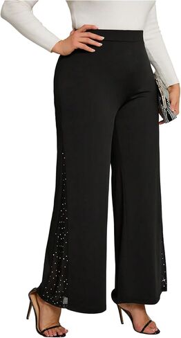 Women's Plus Size Rhinestone Mesh Patchwork Flare Pants High Waisted Wide Leg Elegant Trousers in Kuwait