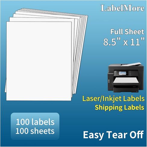 100 ورقة من LabelMore، ورق ملصقات قابل للطباعة، ورقة ورق طابعة لاصقة مقاس 8.5 بوصة × 11 بوصة لطابعات الليزر وطابعات الحبر in Kuwait